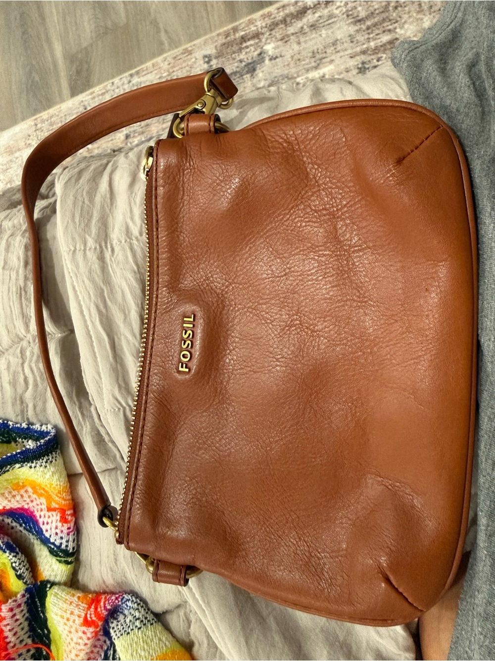 Fossil Tan Leather Shoulder Bag with Gold Hardware